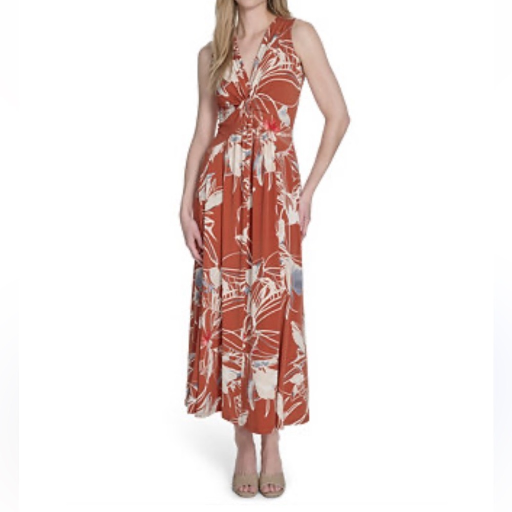 Calvin Klein Sleeveless V Neck Jersey Floral MIDI Dress Size 6